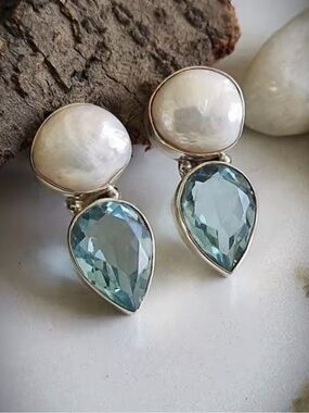 Blue Crystal Teardrop Pearl Statement Earrings Silver Tone Elegant Drop Earrings